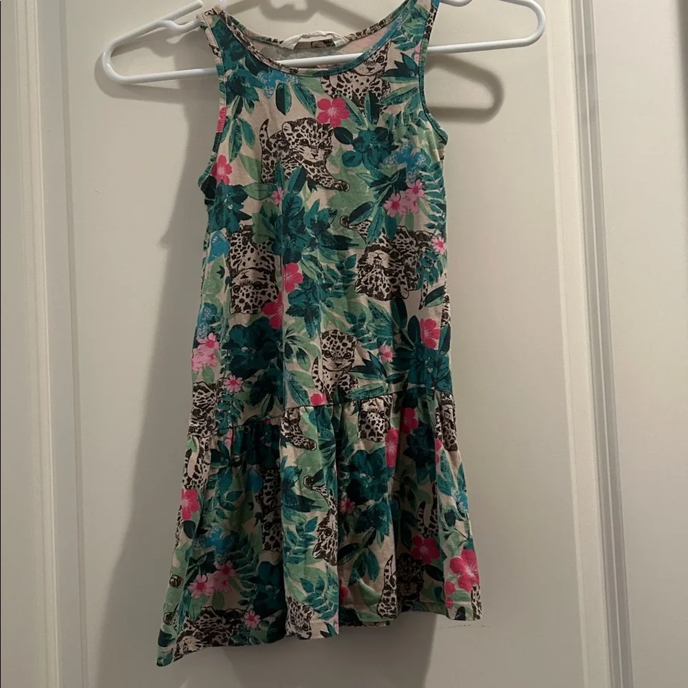 H&M Leopard Cat Jungle tropical Print Sleeveless Ruffle Cotton Dress Size 4-6Y